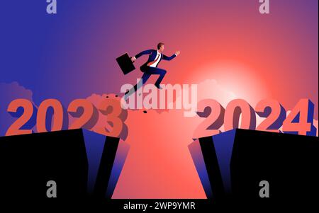 Uomo d'affari salta senza paura dal 2023 al 2024. Una rappresentazione di come vincere le sfide, risolvere, superare gli ostacoli e abbracciare ottimismo e det Illustrazione Vettoriale