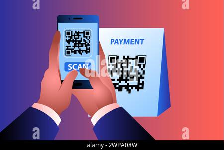 Uomo che usa il suo telefono cellulare per scansionare un codice QR. Rappresenta la praticità e l'efficienza dei metodi di pagamento digitali. Trasmette la facilità e la velocità di c Illustrazione Vettoriale