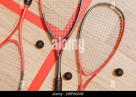 Racchette da squash e palle si trovano sul pavimento del campo sportivo. Rendering 3d con vista dall'alto Foto Stock