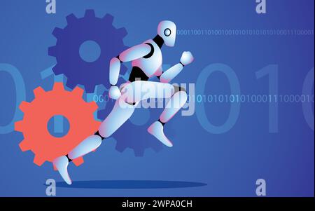 Robot in movimento, ambientato su uno sfondo di ruote dentate rotanti e codice binario, rappresenta il rapido ritmo dell'apprendimento dell'intelligenza artificiale e la sua ricerca per raggiungere l'uomo Illustrazione Vettoriale