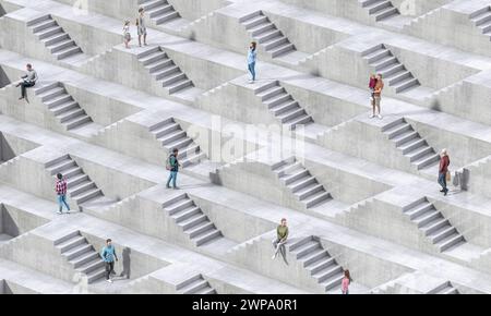 Gli individui navigano in un labirinto di scale in cemento. rendering 3d. Foto Stock