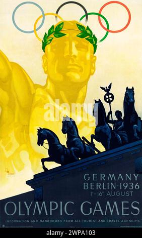 Poster vintage Travel Olympics. Giochi olimpici estivi, Berlino, Germania 1936. Foto Stock