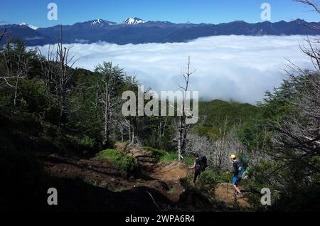 Trekking in montagna sopra le nuvole, coppia che cammina sul fianco della montagna nel Parco Nazionale di Puyehue fino alla valle piena di nuvole, Cile e Patagonia Foto Stock