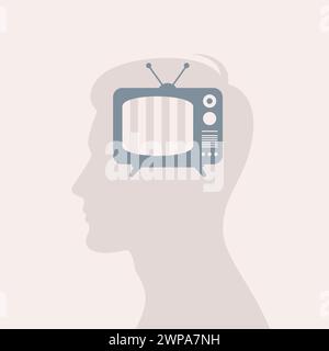 Silhouette maschile con TV all'interno della testa, illustrazione vettoriale piatta Illustrazione Vettoriale