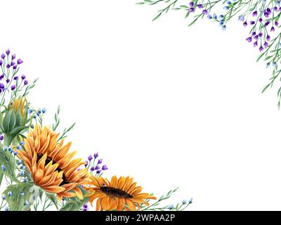 Cornice orizzontale con girasoli e piante da prato astratte. Fiori blu, viola, giallo arancio. Composizione floreale con spazio di copia per il testo. Foto Stock