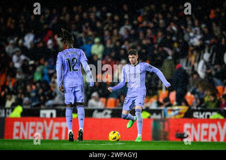 Il giocatore uruguaiano del Real Madrid Fede Valverde in azione durante una partita a Mestalla, Valencia, Spagna. Foto Stock