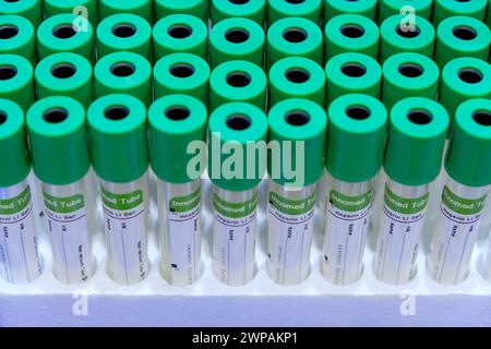 Primo piano e attenzione selettiva un gruppo di campioni verdi, apparecchiature mediche Foto Stock