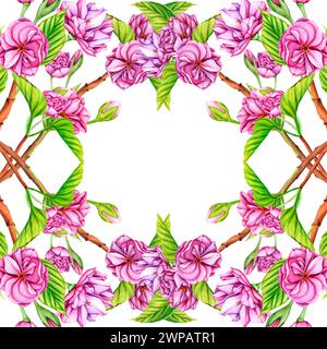 Arco fatto di rami d'albero intrecciati. Telaio con ramo Sakura giapponese rosa. Acquerello illustrazione botanica fiori in primavera. Fiore disegnato a mano Foto Stock
