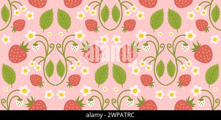 Design senza cuciture con fragole, bacche adorabili, fiori e foglie verdi. Design delle superfici ricorrenti adatto per abbigliamento da cucina, textil Illustrazione Vettoriale