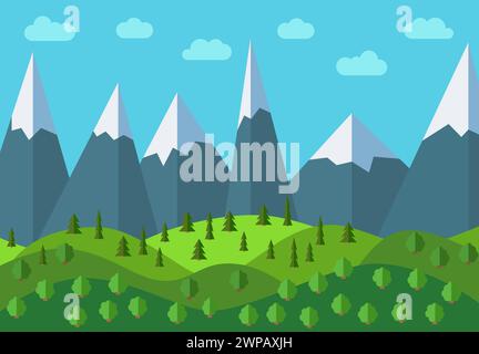Paesaggio vettoriale di montagne a cartoni animati. Paesaggio naturale in stile pianeggiante con cielo blu, nuvole, alberi, colline e montagne con neve sul pe Illustrazione Vettoriale