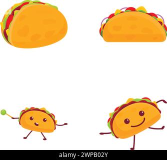Le icone Taco impostano il vettore dei cartoni animati. Carino personaggio dei fast food dei cartoni animati. Cucina tradizionale messicana Illustrazione Vettoriale