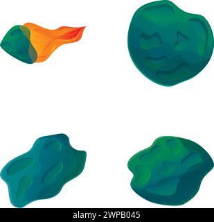 Le icone meteorite impostano il vettore dei cartoni animati. Meteorite spaziale, cometa o asteroide. Astronomia, pioggia meteorica Illustrazione Vettoriale