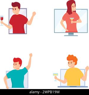 Le icone di celebrazione degli amici impostano il vettore dei cartoni animati. Vacanza in periodo di autoisolamento. Videochiamata, quarantena Illustrazione Vettoriale