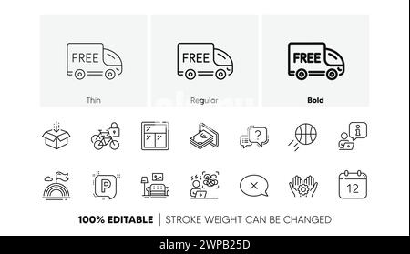 Consegna gratuita, arredi e linee di stress difficili. Per applicazioni Web, stampa. Icone di linea. Vettore Illustrazione Vettoriale
