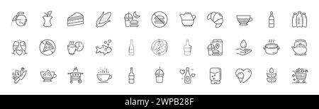 Icone carrello verdure, linea gelato e torta. Per applicazioni Web, stampa. Icone di linea. Vettore Illustrazione Vettoriale
