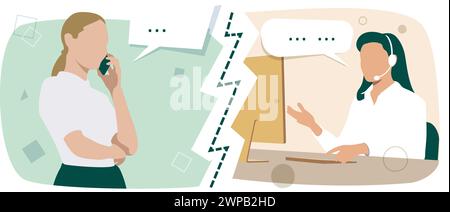 Servizio di assistenza clienti. Due persone che parlano al telefono. Donne in posti diversi che hanno una chiamata. Concetto di comunicazione. Illustrazione Vettoriale