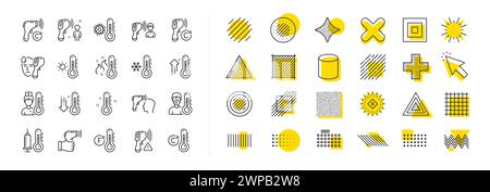 Icone delle linee di temperatura. Termometro, controllo della temperatura corporea, diagnosi della febbre. Vettore di controllo del coronavirus Illustrazione Vettoriale