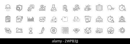 Icone delle linee della crema solare, del laboratorio didattico e chimico. Per applicazioni Web, stampa. Icone di linea. Vettore Illustrazione Vettoriale
