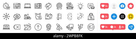 Pacchetto icone di percorso di consegna, cyber-attacco e linea di blocco sicurezza. Per applicazioni Web. Icone dei social media. Vettore Illustrazione Vettoriale