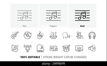 Icone della linea musicale. Chitarra, note musicali e cuffie. Set di icone lineari. Icone di linea. Vettore Illustrazione Vettoriale