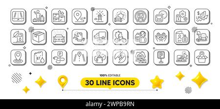 Pacchetto icone linea uomo energia elettrica, strada e consegne. Per applicazioni Web. elementi di progettazione 3d. Vettore Illustrazione Vettoriale