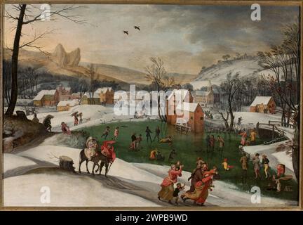 Paesaggio inverno con fuga in Egitto; Mostaert, Gillis i (1528-1598), Grimmer, Jacob (CA 1525-1589/1609); intorno al 1590 (1585-00-00-1590-00-00);società di incoraggiamento delle Belle Arti (Varsavia - 1860-1940) - collezione, fuga in Egitto (iconogr.), pittura fiamminga, paesaggi, paesaggi invernali, scene evangeliche, edifici del villaggio, edifici rurali, scivoli Foto Stock