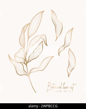 Elegante linea d'oro botanica che raffigura un ramo di foglie per inviti e biglietti di nozze, logo design, Web, social media e poster, modello, A. Illustrazione Vettoriale