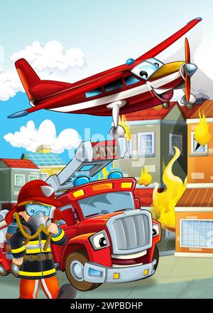 scena di cartoni animati con diverse macchine da fuoco elicottero e camion dei vigili del fuoco illustrazione per bambini Foto Stock