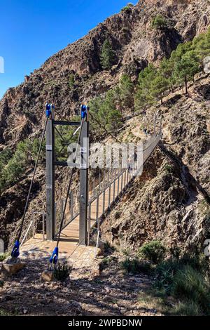 Sentiero escursionistico fino al ponte di Colgante (Puente Colgante El Saltillo) sul fiume Almanchares, Sierra Tejeda, Andalusia, Spagna Foto Stock