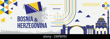 Bosniaco per il giorno dell'indipendenza della Bosnia ed Erzegovina con bandiera della Bosnia, sfondo a tema a colori, mappa della Bosnia ed Erzegovina, testo punti di riferimento, geometrico Illustrazione Vettoriale