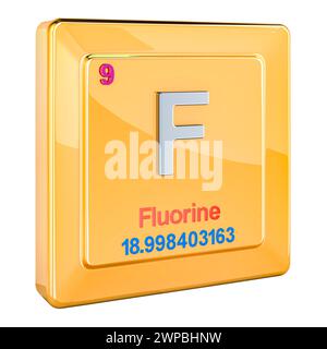 Fluoro F, segno dell'elemento chimico con il numero 9 nella tavola periodica. Rendering 3D isolato su sfondo bianco Foto Stock