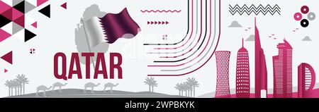 Design banner per la giornata nazionale del Qatar con bandiera del Qatar, sfondo a tema a colori nazionali, mappa, testo, punti di riferimento di Doha, viola o viola astratto geometrico Illustrazione Vettoriale