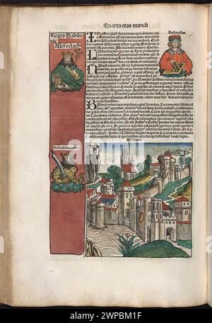 Belle pagine scolpite in legno dalla Cronaca di Norimberga del 1493, che è un'eniclodpedia degli eventi mondiali, della mitologia e della storia cristiana. Questo lavoro extra-ordinario è stato uno dei primi libri mai stampati e il primo a integrare con successo testo e immagini. Queste pagine mostrano testo latino e un'incisione della città di Bisanzio Foto Stock