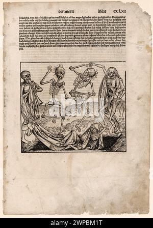 Una bella xilografia del 1493 di un Dance Macabre, o una Dance of Death. Questa illustrazione proviene dalla Cronaca di Norimberga, che è un'eniclodpedia degli eventi mondiali, della mitologia e della storia cristiana. Questo lavoro extra-ordinario è stato uno dei primi libri mai stampati e il primo a integrare con successo testo e immagini. Foto Stock