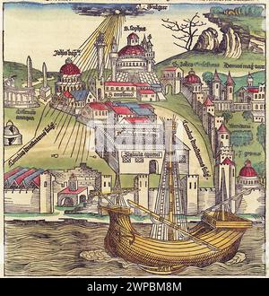 Una splendida boscaglia di 1493 di una tempesta sopra la città di Costantinopoli (Istanbul). Questa illustrazione proviene dalla Cronaca di Norimberga, che è un'eniclodpedia degli eventi mondiali, della mitologia e della storia cristiana. Questo lavoro extra-ordinario è stato uno dei primi libri mai stampati e il primo a integrare con successo testo e immagini. Foto Stock