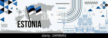 Banner per la giornata nazionale dell'Estonia con sfondo a tema per i colori della bandiera estone, mappa estone, Tallinn, punti di riferimento, colori geometrici Abstract Blue Black White Illustrazione Vettoriale