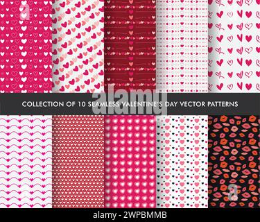 Collezione di motivi a forma di cuore e rosa dolce senza cuciture per il giorno delle valenze, carta da parati, riempimenti di fantasia, ornamenti di san valentino alla moda Illustrazione Vettoriale