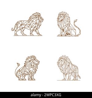 set di illustrazione geometrica del vettore del leone stile lineare minimale Illustrazione Vettoriale