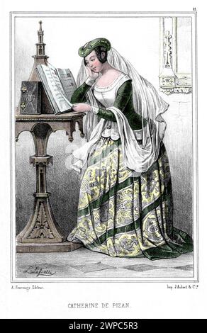 1400 CA , FRANCIA: La poetessa italiana CRISTINA da PIZZANO ( 1364 - 1430 ca ) alias CHRISTINE DE PIZAN o PISAN . Autore alla corte del re Carlo vi di Francia . È ricordata soprattutto per aver difeso le donne nel Libro della città delle signore e del Tesoro della città delle signore . Veneziana di nascita, Christine era un'eminente pensatrice moralista e politica nella Francia medievale. Ritratto inciso da Louis Lassalle , pubblicato nel 1850 c. da d'Aubert & c., Parigi . COLORAZIONE DIGITALE .- FOTO STORICHE - STORIA - LETTERATURA - LETTERATURA - scrittore - ritratto - POETESSA - Foto Stock