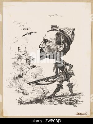 Caricatura raffigurante Niko Ajaja impegnata nella caccia, con caratteristiche esagerate e stile satirico. Foto Stock