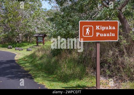 Segnaletica che indica il percorso escursionistico Kipuka Puaulu all'interno del Parco Nazionale dei Vulcani delle Hawaii sulla Big Island delle Hawaii Foto Stock