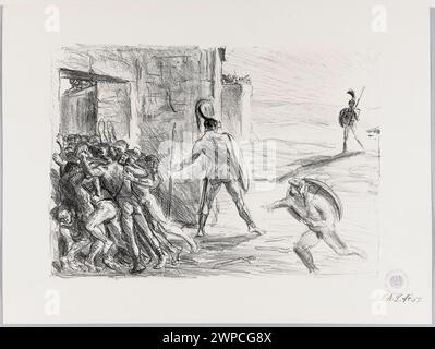 La tavola 10, 'Flucht der Troer in Die Stadt', di Max Slevogt (1868-1932), 1907, raffigura i troiani in fuga nella città durante la guerra di Troia, dall'Iliade di Omero. Parte della collezione dell'Accademia reale Prussiana delle Arti di Berlino, che illustra la mitologia greca. Foto Stock