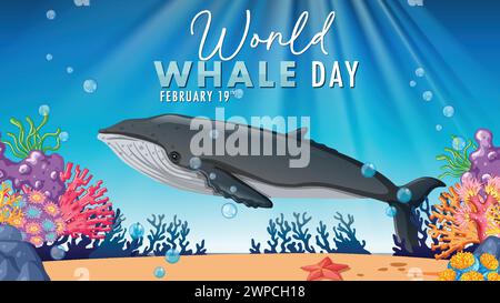 Colorata scena subacquea con balena e corallo. Illustrazione Vettoriale