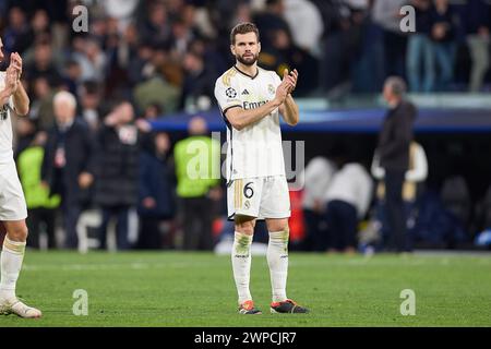 Madrid, Spagna. 6 marzo 2024. Jose Ignacio Fernandez Iglesias, conosciuto come Nacho Fernandez del Real Madrid CF, accoglie i tifosi durante la UEFA Champions League 2023-24 tra il Real Madrid e l'RB Leipzig allo stadio Santiago Bernabeu. Punteggio finale; Real Madrid 1:1 RB Leipzig. (Foto di Federico Titone/SOPA Images/Sipa USA) credito: SIPA USA/Alamy Live News Foto Stock