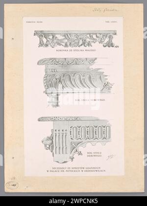 Primo piano dei dettagli dei mobili Gdańsk a Pałac Potocki, Krzeszowice, compresi i pizzi da tavolo e gli ornamenti per angoli, basati sui disegni di Jan SAS-Zubrzycki del 1909. Foto Stock