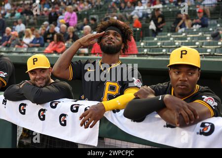 Sarasota FL USA; l'interbase dei Pittsburgh Pirates Liover Peguero (31) e la seconda base Termarr Johnson (81) nel dugout prima di un allenamento primaverile della MLB Foto Stock