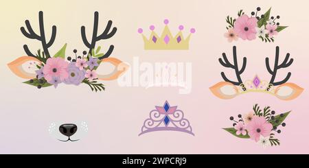 Gli elementi della faccia di cervo impostano le orecchie del disegno piatto del cartone animato e le illustrazioni vettoriali del naso isolate. Filtro per maschera di renna con corona di fiori. Illustrazione Vettoriale
