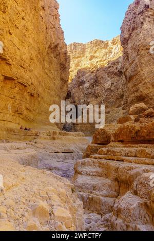 Masada, Israele - 19 gennaio 2024: Veduta del paesaggio e delle scogliere della valle desertica di Rahaf, con i visitatori. Costa del Mar morto, deserto della Giudea, sud Foto Stock