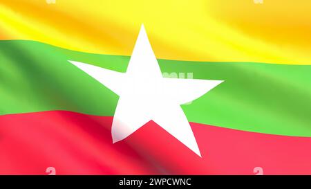 Rendering 3D - la bandiera nazionale del Myanmar che fluttua nel vento. Foto Stock