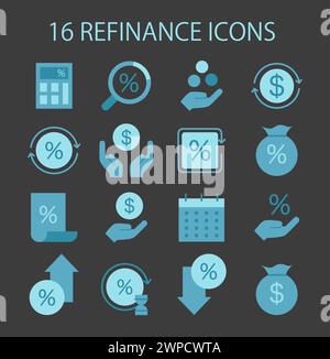 Icona del processo di rifinitura impostata in modalità buia o notturna. Simbolo di riduzione del tasso di prestito agli accordi di prestito. Debito con tassi di interesse migliori. Prestito immobiliare, mutuo immobiliare. Illustrazione vettoriale piatta Illustrazione Vettoriale